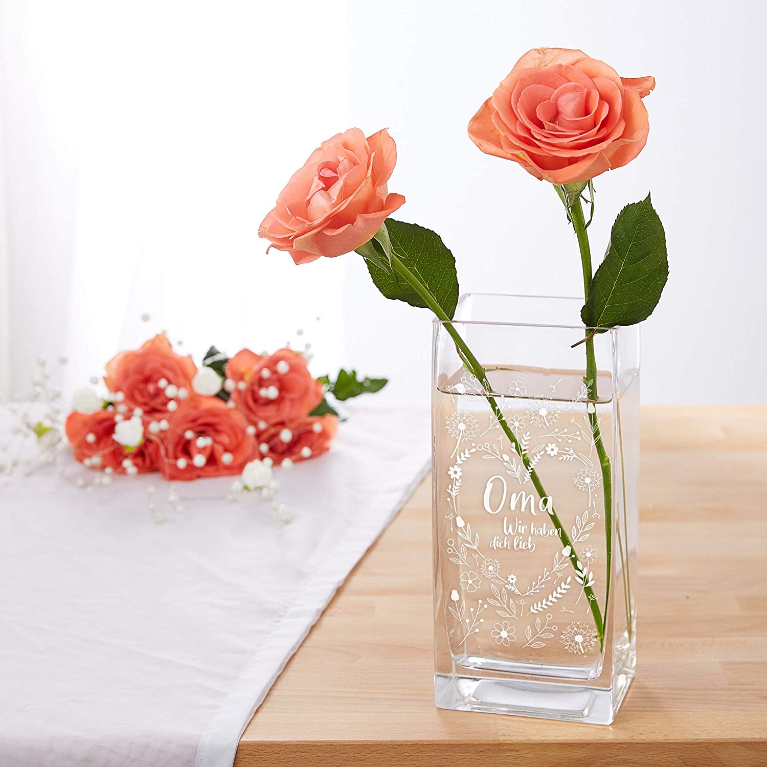 Vase aus Glas mit Gravur für Oma