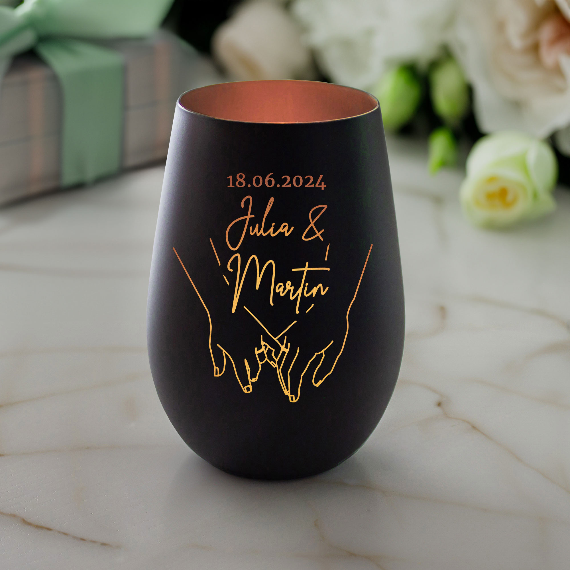 Windlicht mit Gravur Hand in Hand - Schwarz Bronze