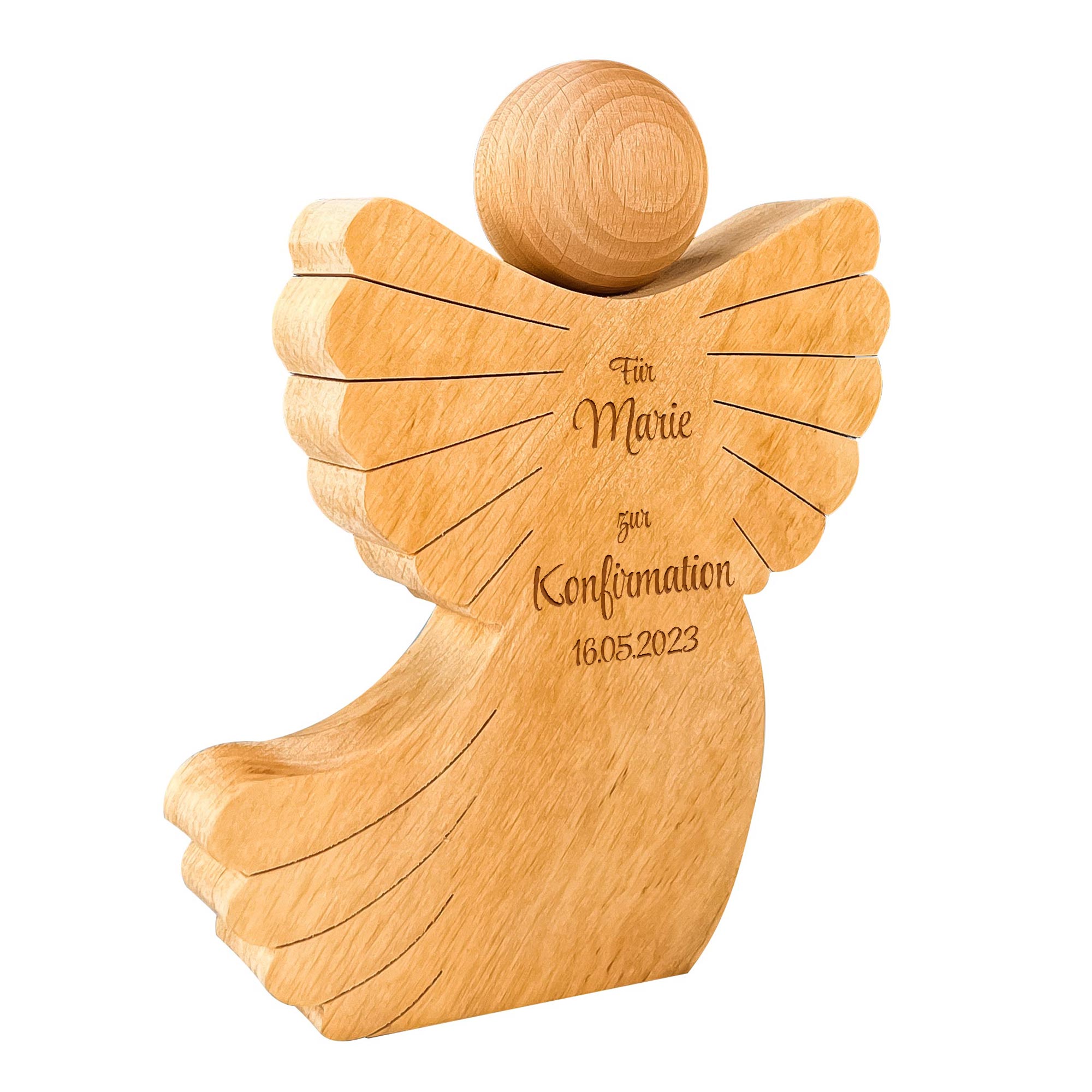Engel mit Schweif aus Holz mit Gravur zur Konfirmation - Personalisiert