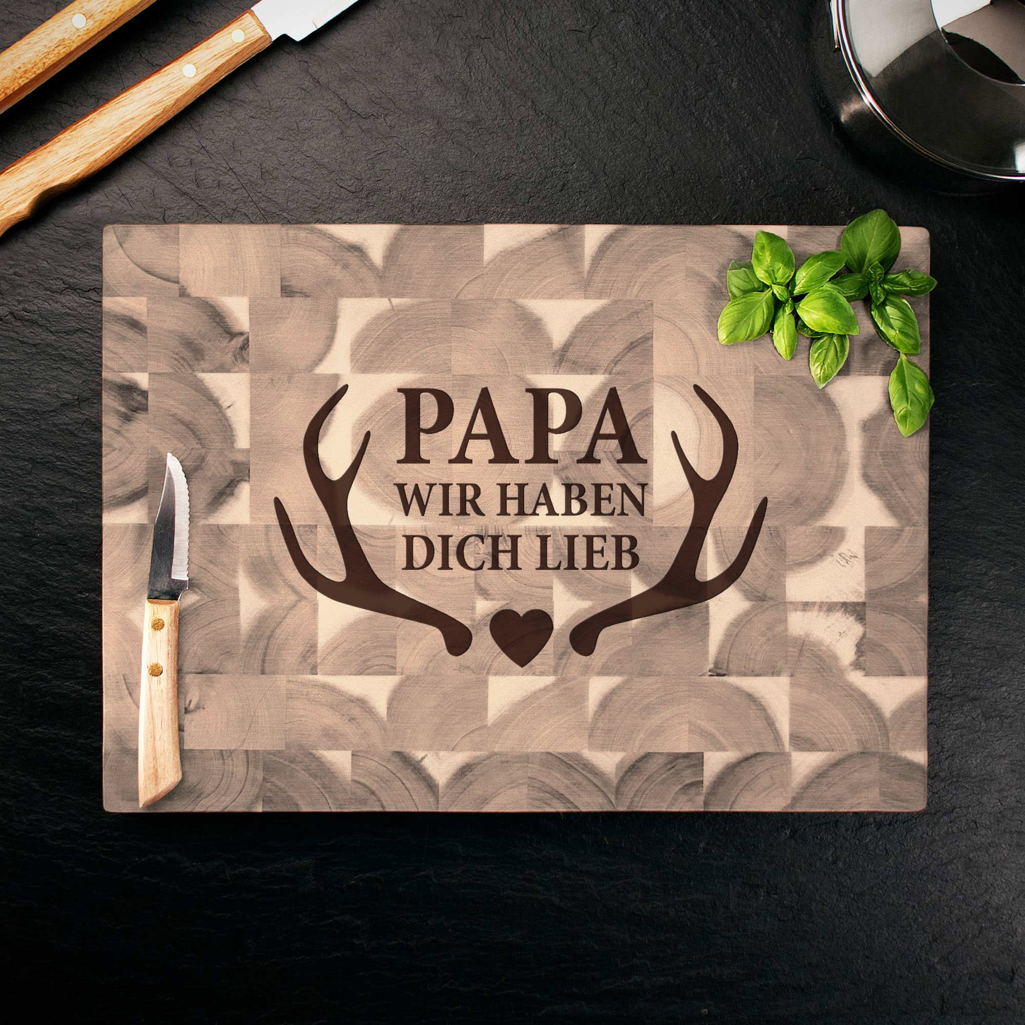 Schneideblock Akazie - Papa wir haben dich lieb - Geweih Motiv - Standard