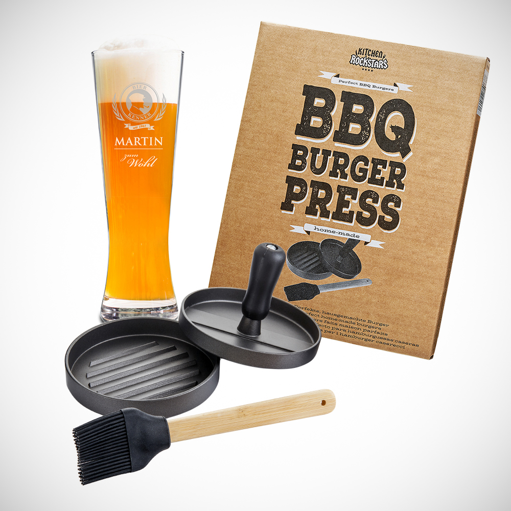Grillset Hamburgerpresse und Weizenglas mit Gravur Personalisiert  - Onlineshop Gravado