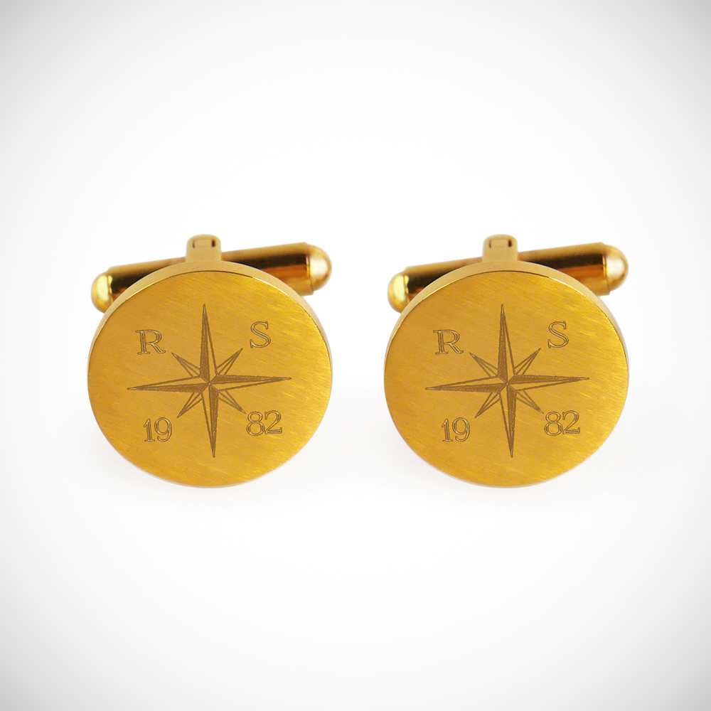 Manschettenknöpfe - Rund - Gold - Kompass - Personalisiert