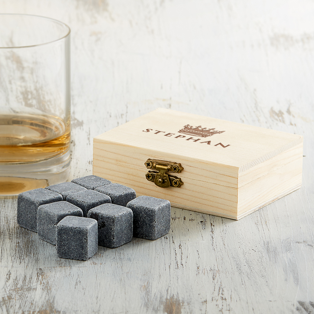 Whiskysteine in edler Holzbox mit Gravur - Große Krone
