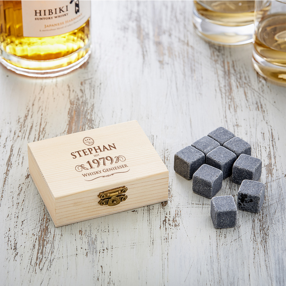Whiskysteine in edler Holzbox mit Gravur - Genießer Elegant