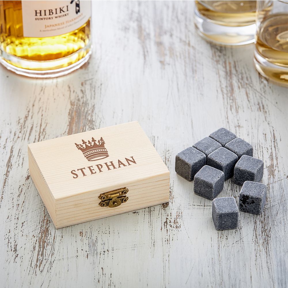 Whiskysteine in edler Holzbox mit Gravur - Große Krone