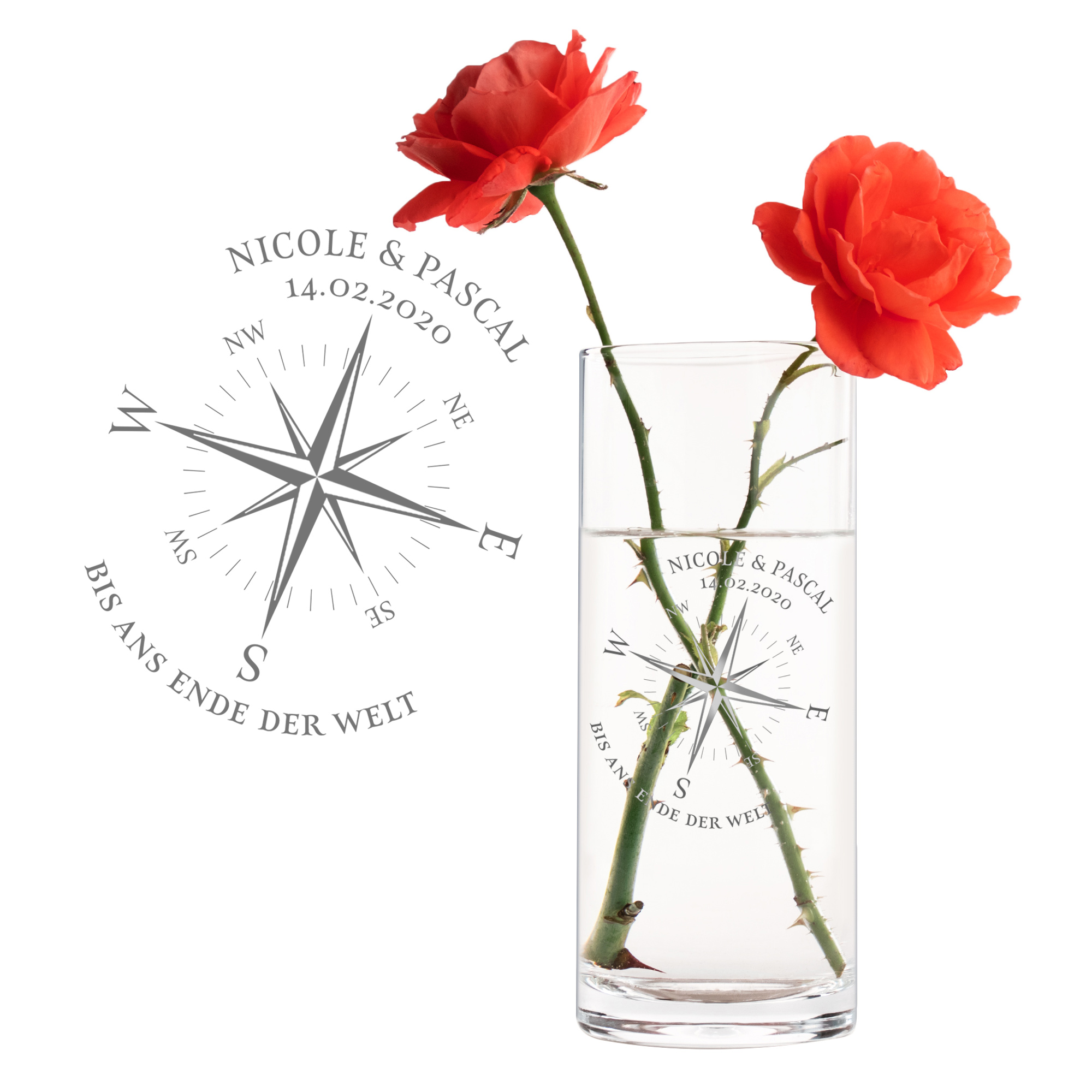 Runde Vase mit Gravur - Kompass Liebe