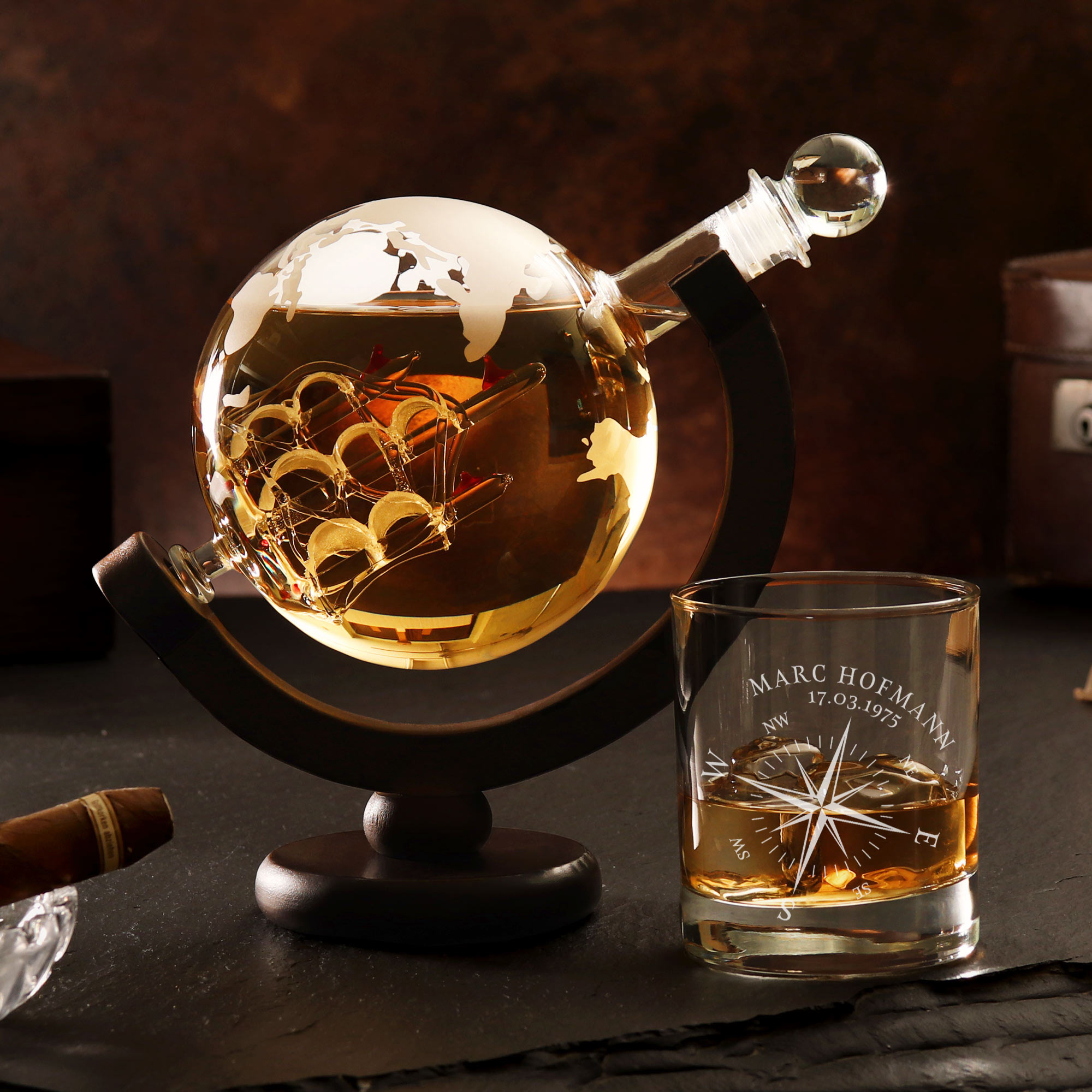 Whisky Set - Karaffe Globus und Whiskyglas - Kompass