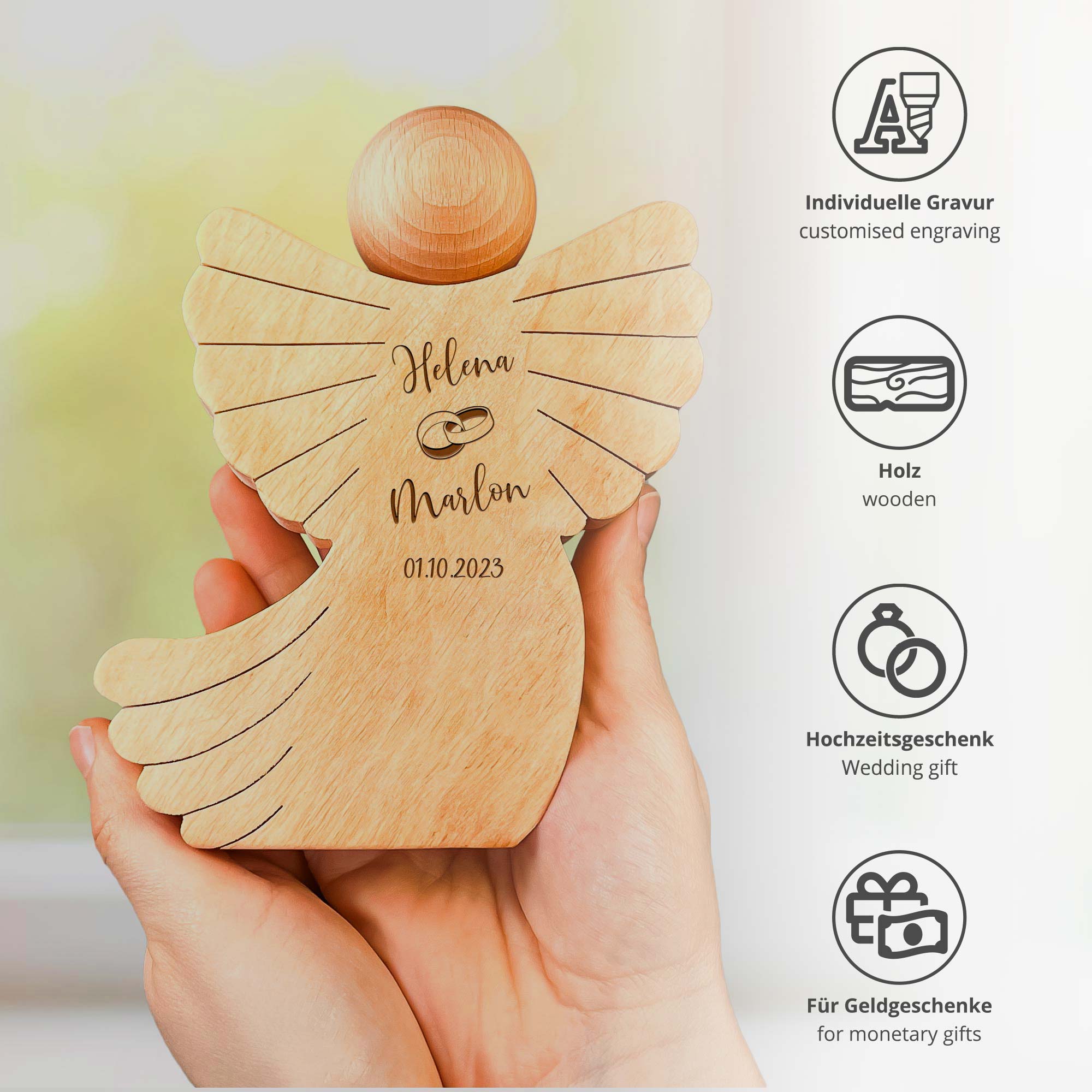 Personalisierter Engel aus Holz mit Gravur - Hochzeit Holzdeko