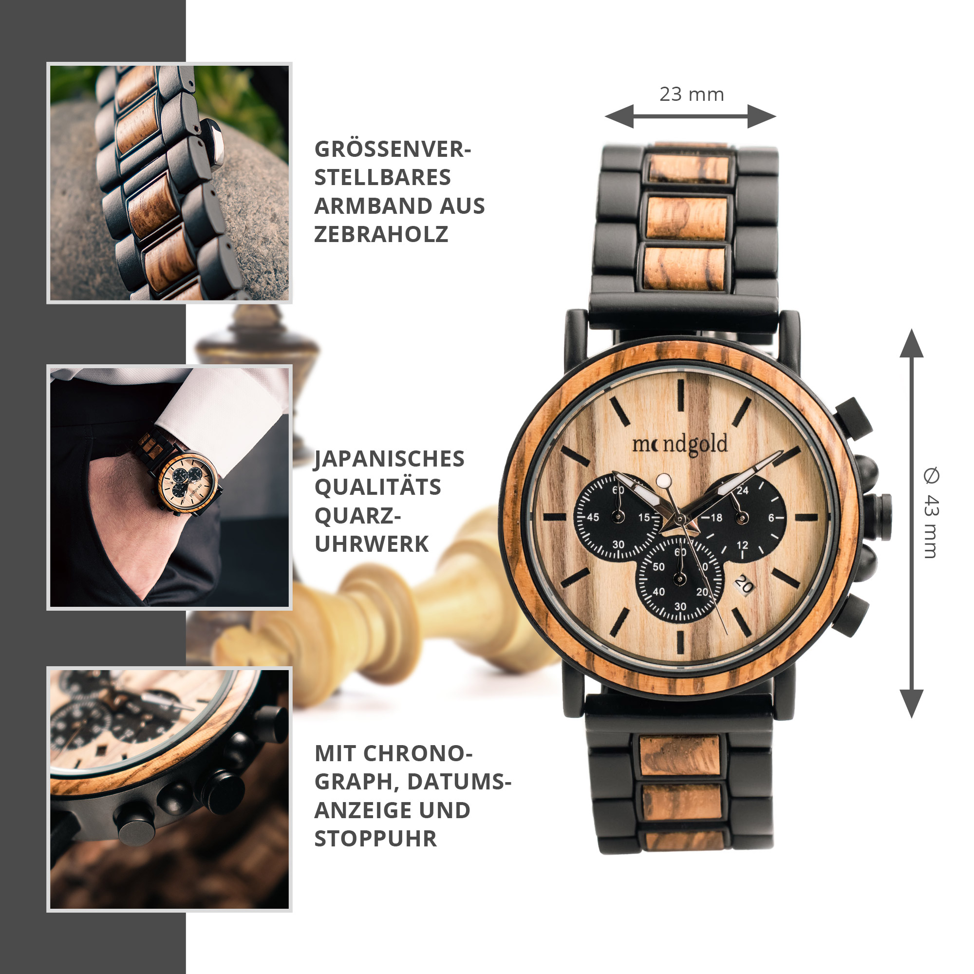 Chronograph Armbanduhr aus Holz