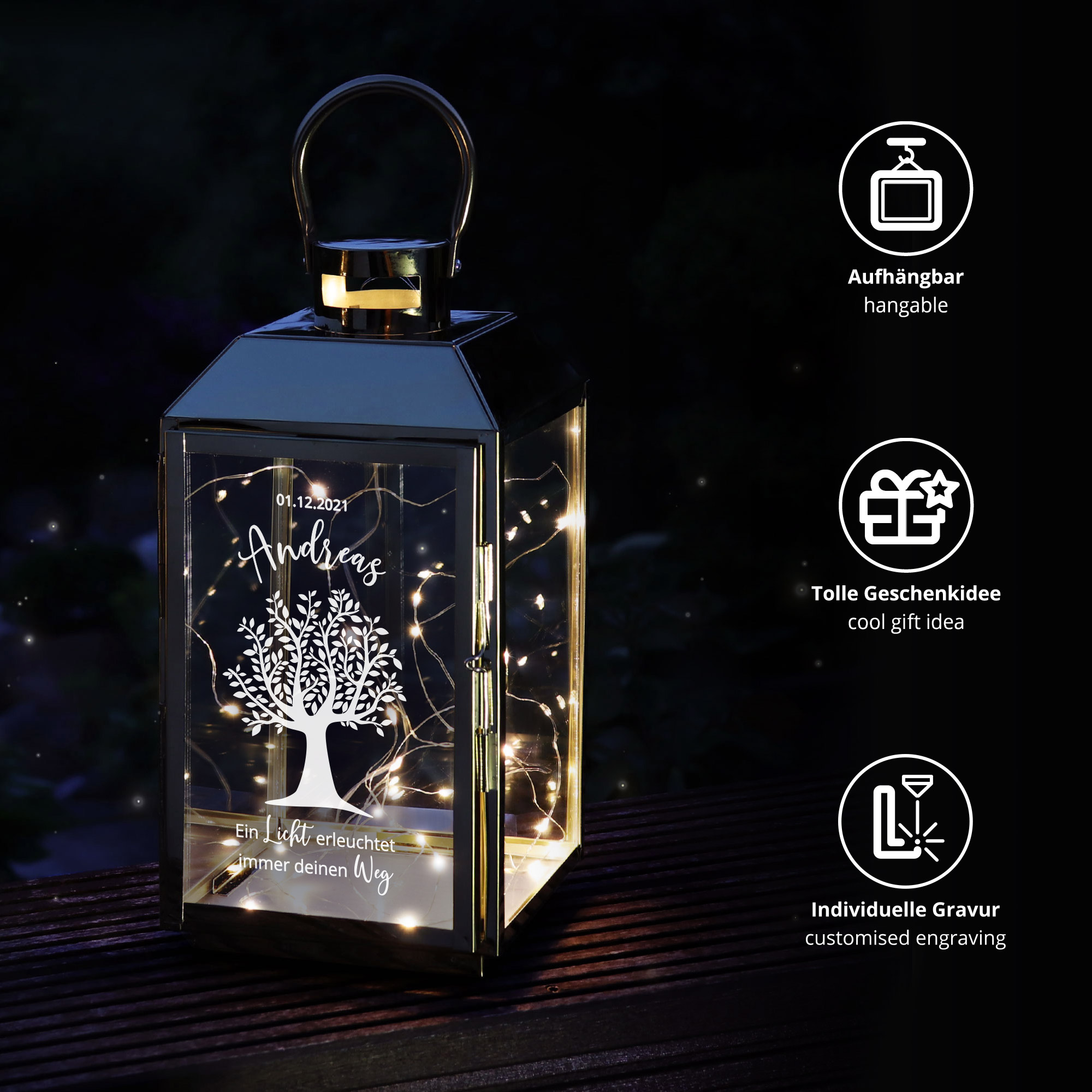 Gold Laterne für draußen und drinnen, goldfarbene Kerzenlaterne mit personalisierte Gravur, Windlicht & Gartenlaterne mit Gravur - Geschenk zur Gebu