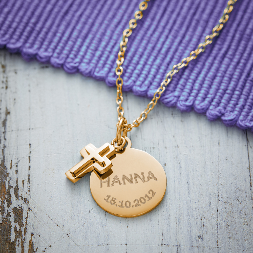 Halskette mit Gravur - Kreuz Anhänger - Farbe Gold - Personalisiert