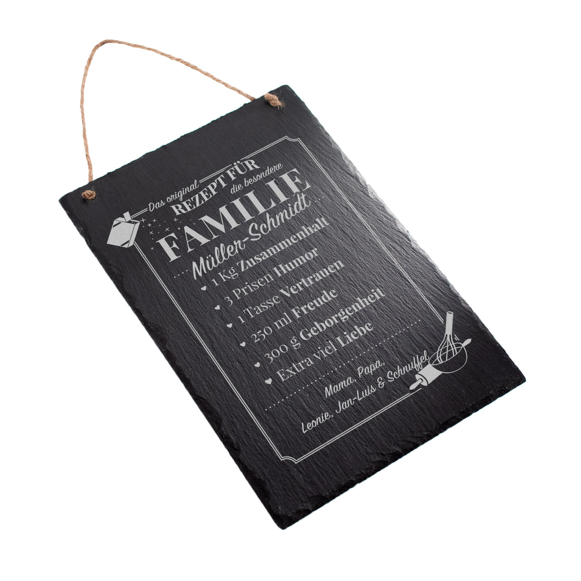 Personalisierte Schiefertafel mit Gravur Rezept Familie - Groß