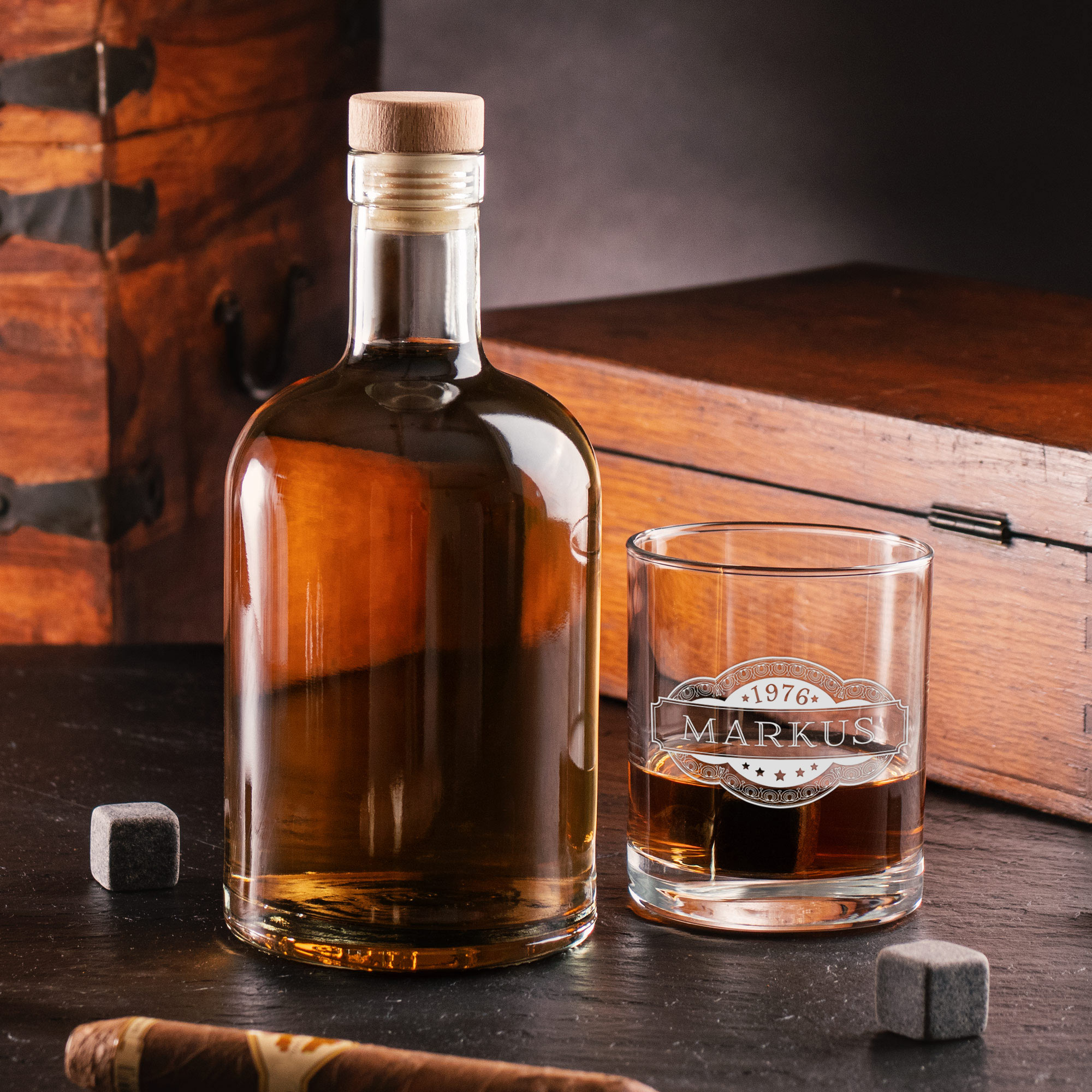 Whisky Set Glaskaraffe und Whiskyglas mit Gravur - Banderole