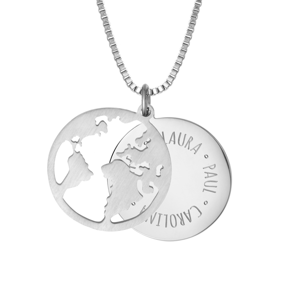 Halskette mit Gravur - Globus und Namen - Silber - Personalisiert