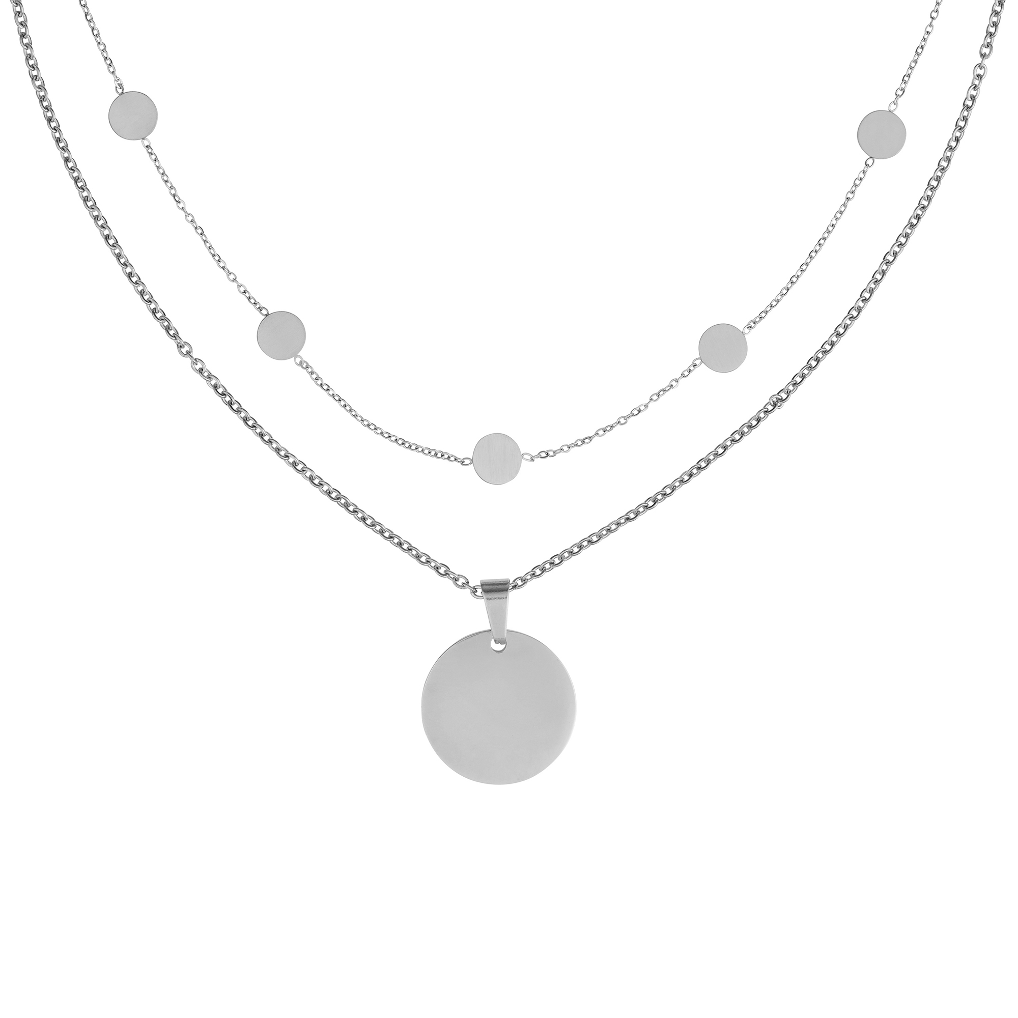 Set - Layering Kette und Halskette mit rundem Anhänger - Silber