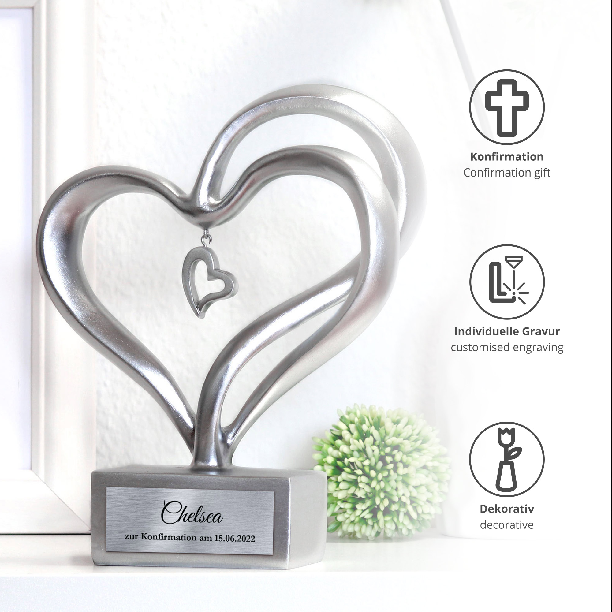 Personalisierte Silber Herz Skulptur zur Konfirmation