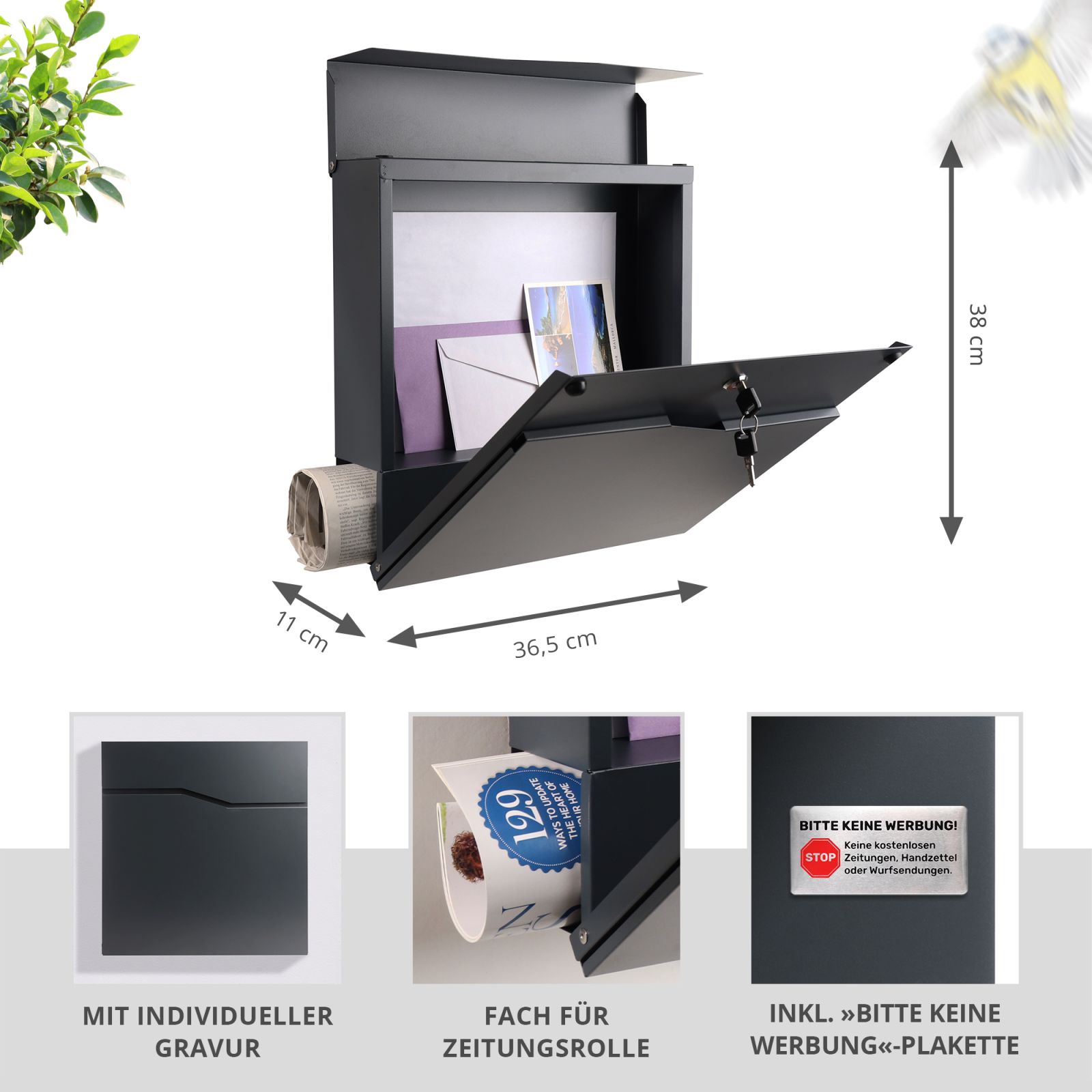 STILISTA Wandbriefkasten Mit Zeitungsfach - Anthrazit Lima Modern