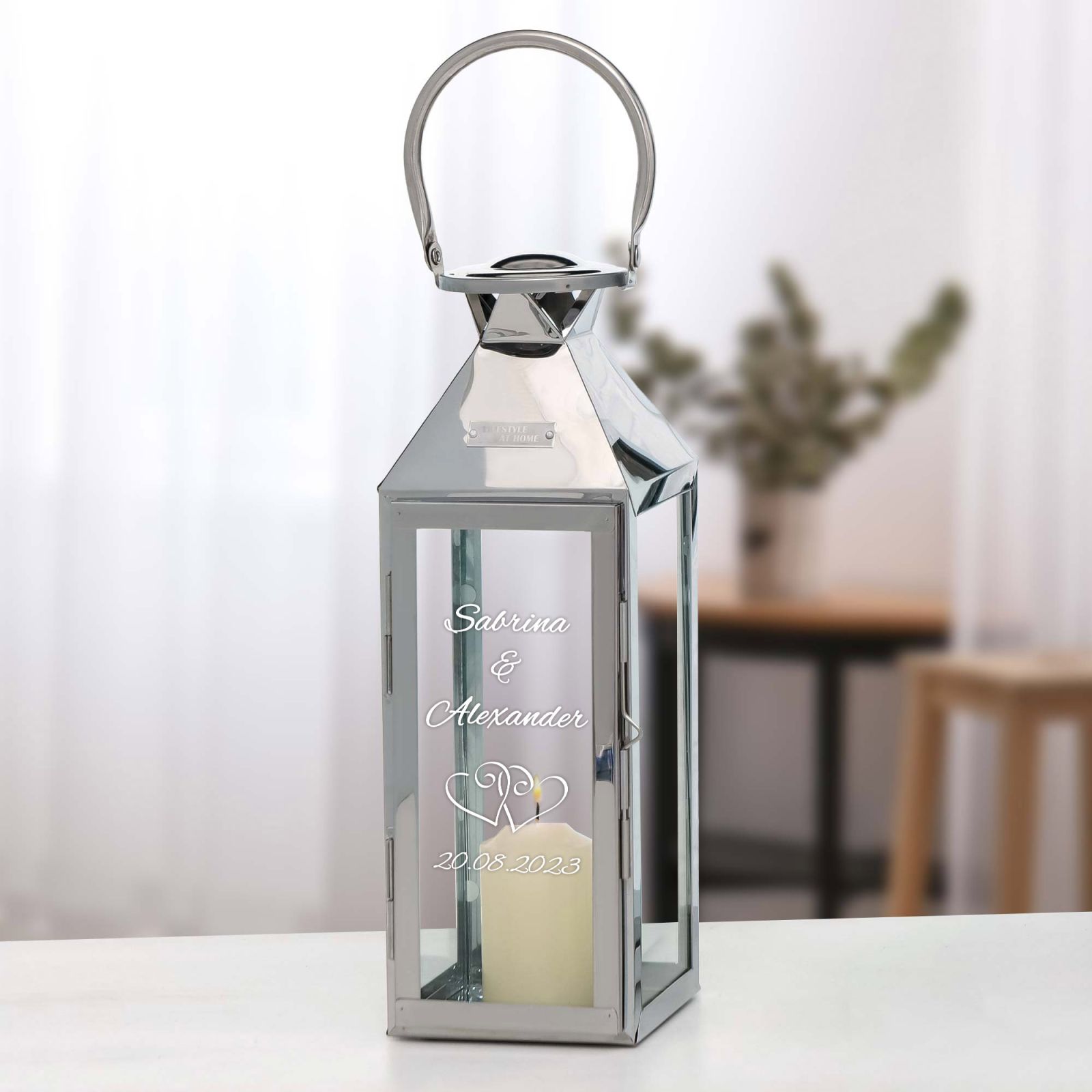 Kleine Edelstahl Laterne mit Gravur Herzen Windlicht