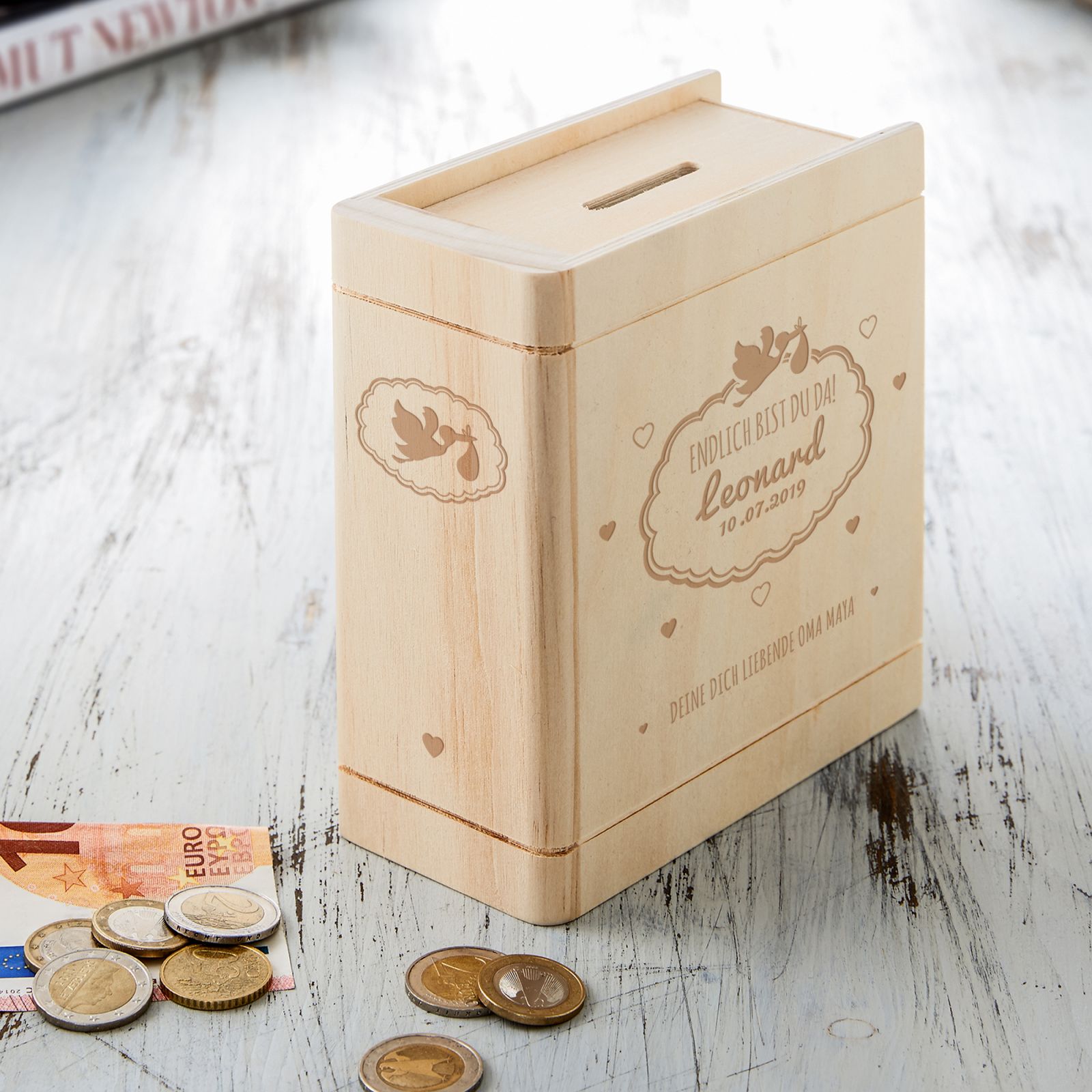 Spardose Buch aus Holz mit Gravur zur Geburt Personalisiert