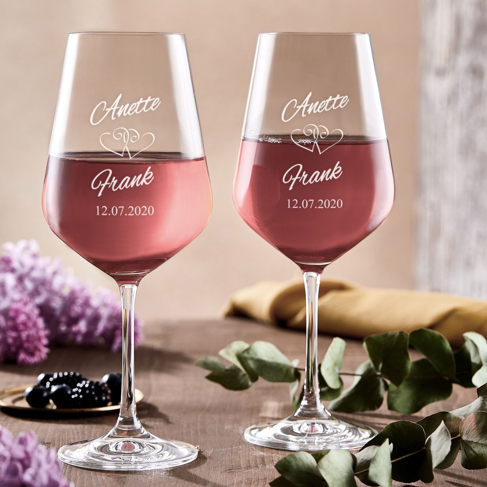 Weinglas mit Gravur Herzen Personalisiert 2er Set Weißweinglas