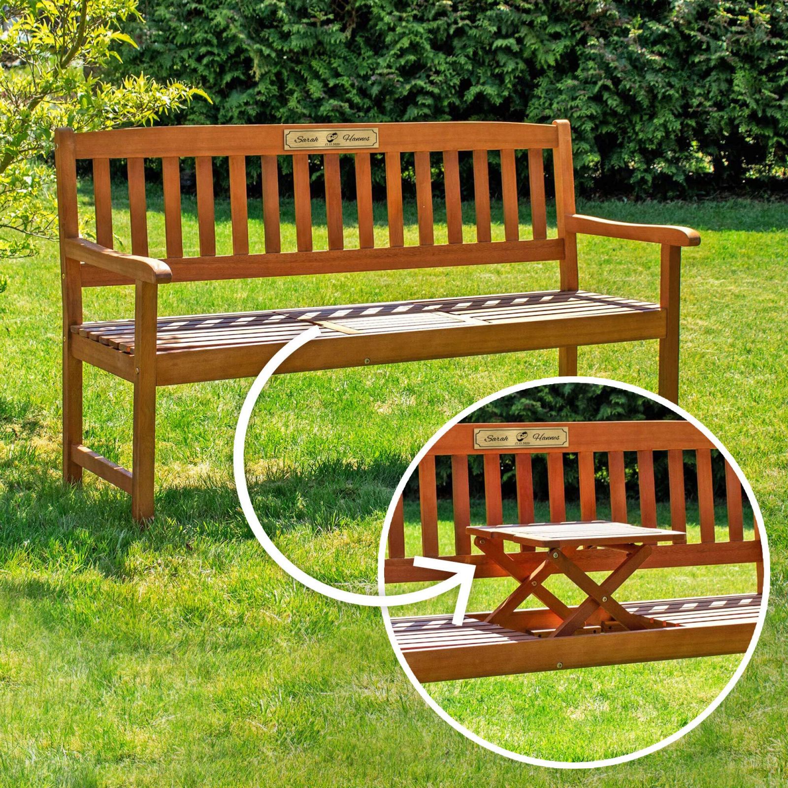 Gartenbank zur Hochzeit aus Holz mit personalisierter Plakette