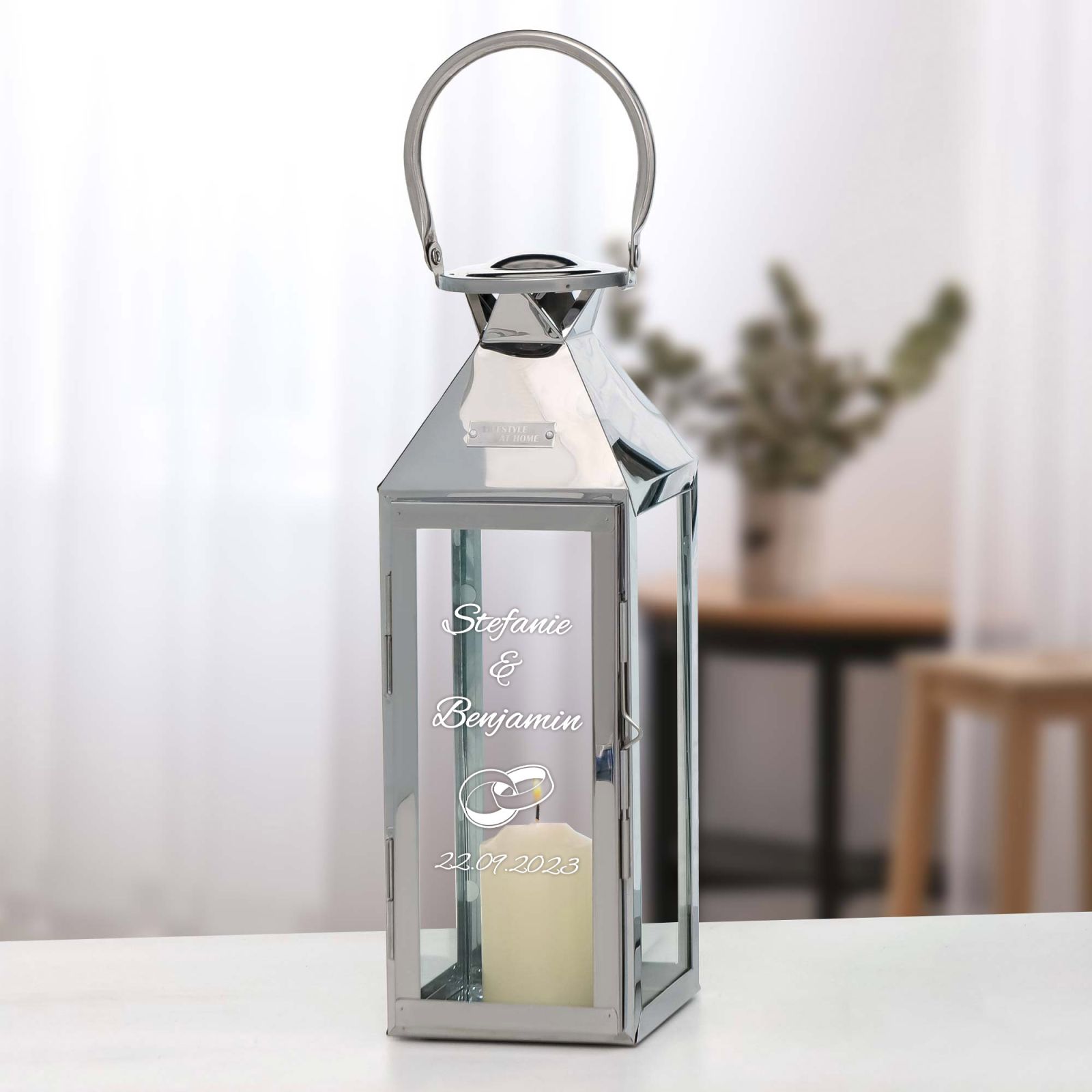 Kleine Edelstahl Laterne mit Gravur Ringe Windlicht
