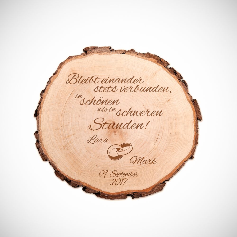 Baumscheibe mit Gravur zur Hochzeit mit Spruch Bleibt einander