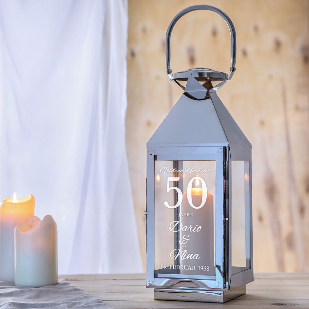 Laterne mit Gravur zur Goldenen Hochzeit Edelstahl personalisiert