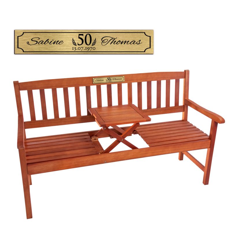 Gartenbank zur Goldenen Hochzeit aus Holz mit personalisierter Plakette